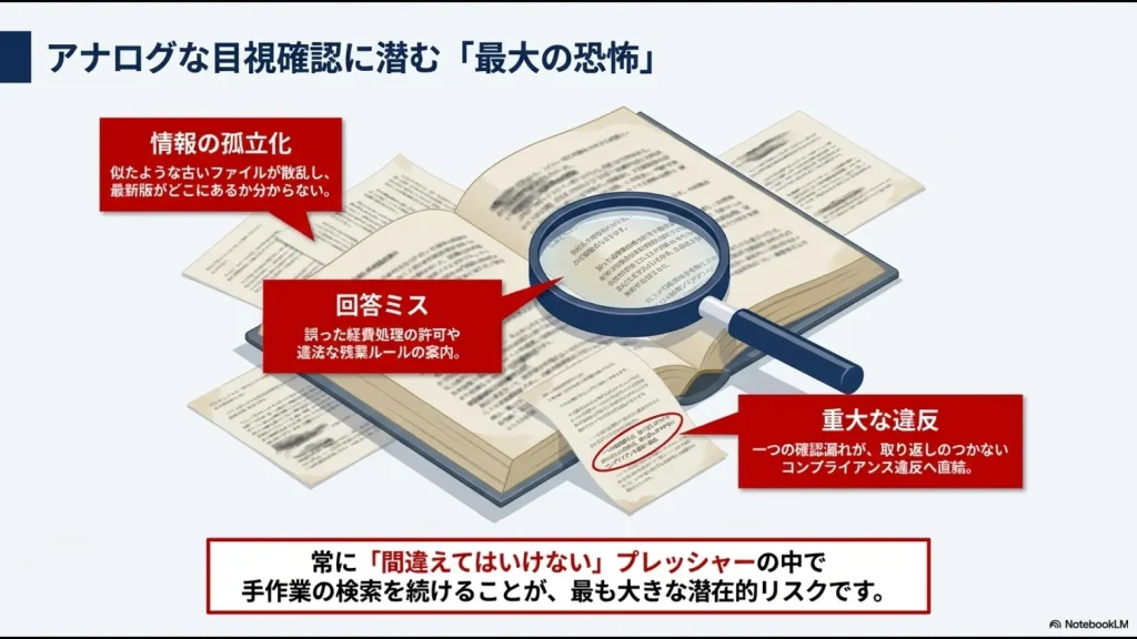 古いファイルの散乱による回答ミスが重大なコンプライアンス違反に直結することを示す図