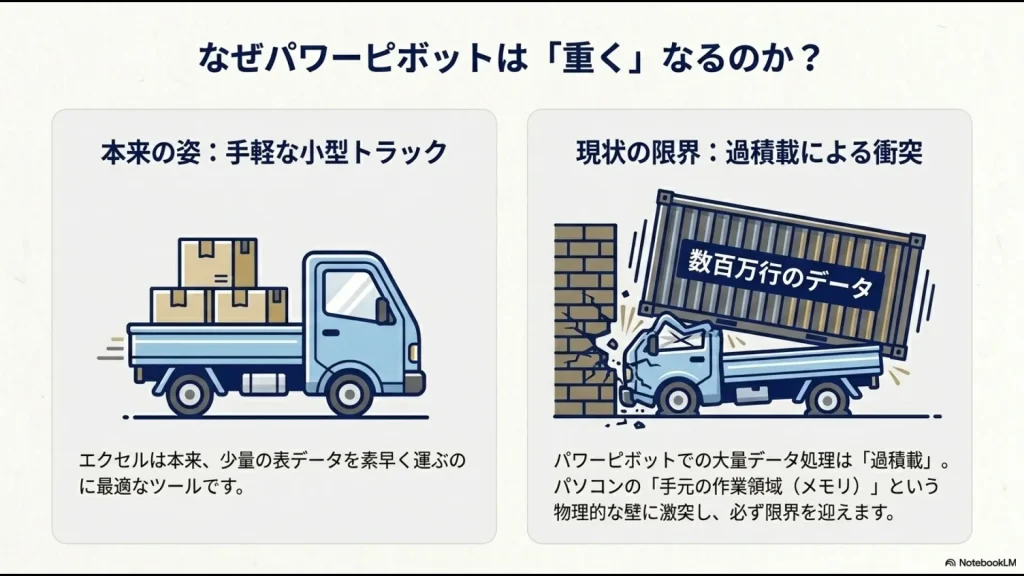 小型トラックに巨大なコンテナが載り壁に激突しているイラスト