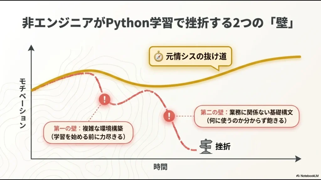 複雑な環境構築と、実務に関係ない基礎構文の学習という2つの壁によって、学習者のモチベーションが低下し挫折に至るプロット図。