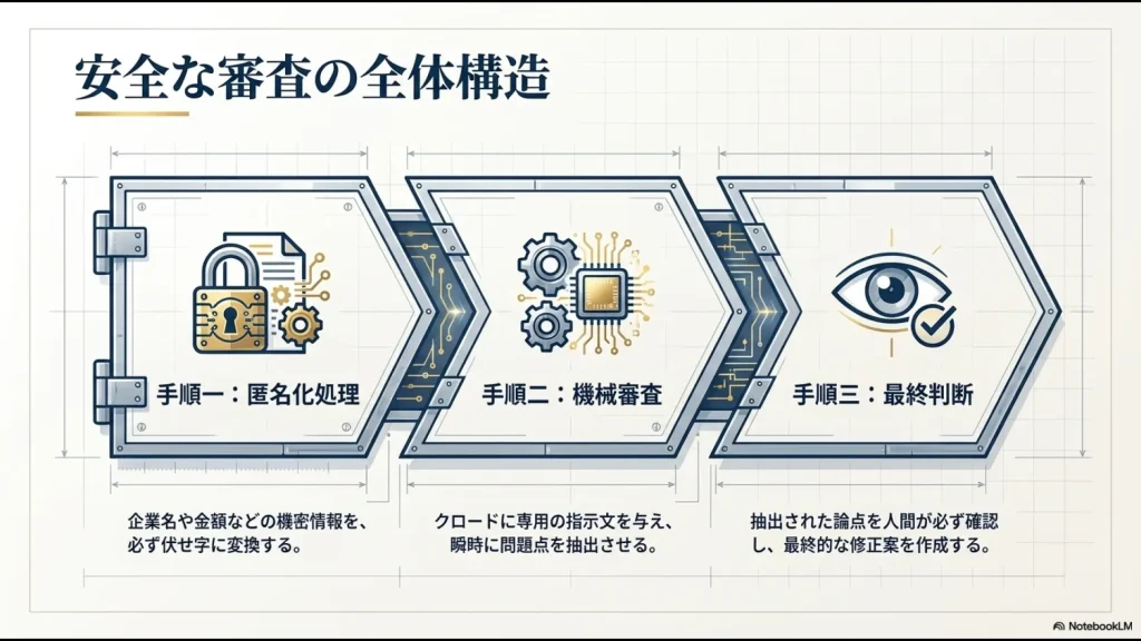 手順一:匿名化処理、手順二:機械審査、手順三:最終判断からなる安全な審査の全体構造。