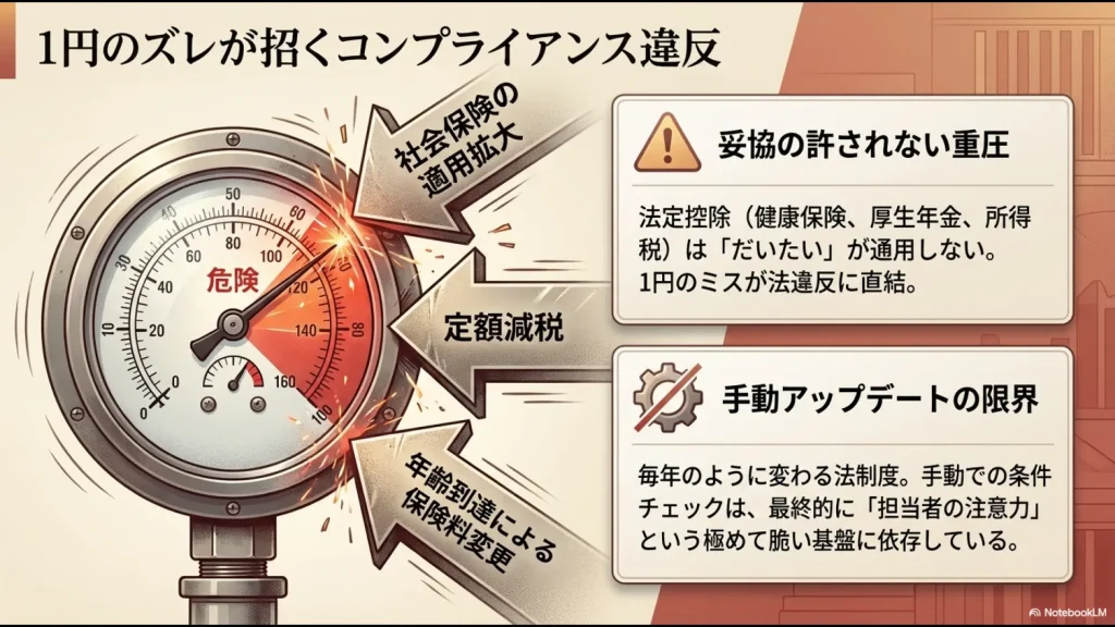危険を示すゲージ計を用いて、社会保険の適用拡大や定額減税、年齢到達による変更が1円のミスも許されない重圧であることを示す図