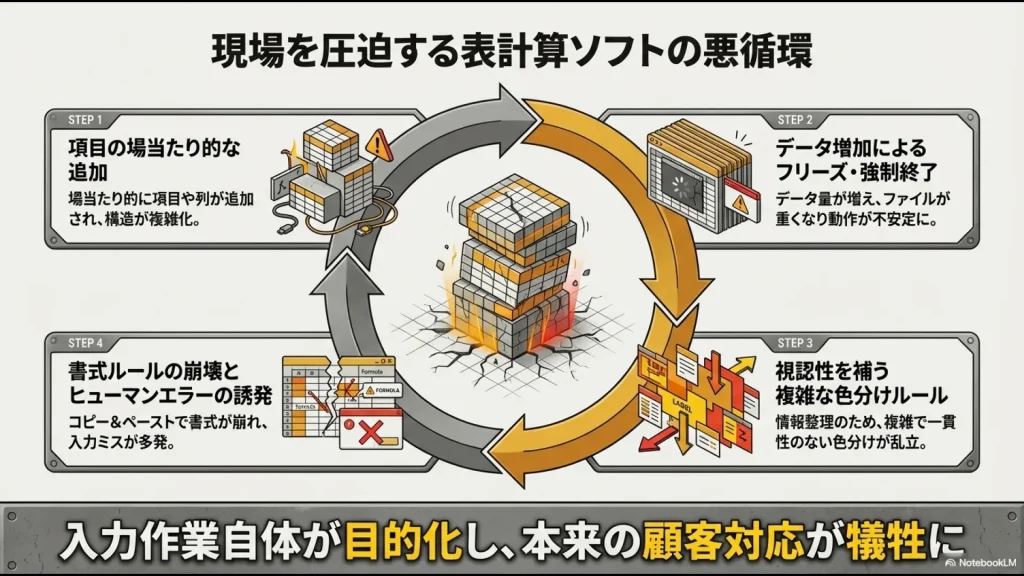 項目の追加、データ増によるフリーズ、複雑な色分け、書式崩壊というエクセル管理が破綻するまでのプロセス図