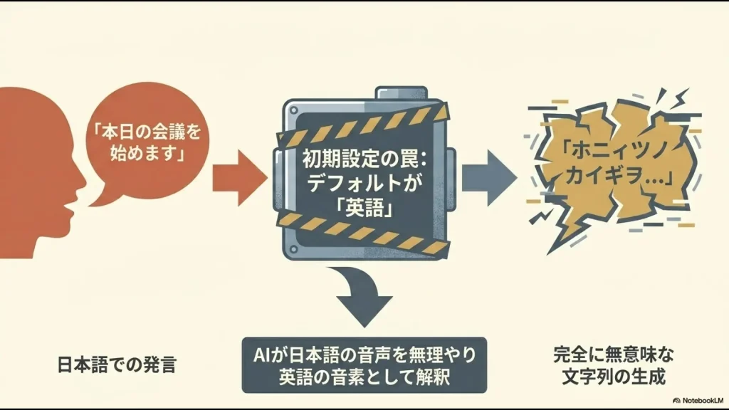 日本語の発言をAIが英語の設定で無理やり解釈し、無意味な文字列が生成される仕組みの図解