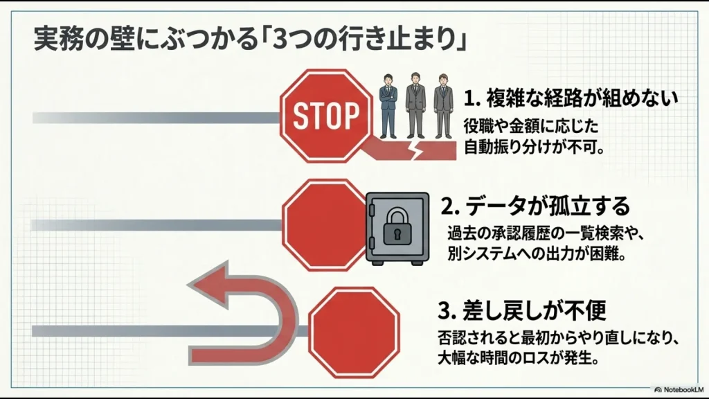 複雑な経路・データの孤立・差し戻しの不便さという、実務承認フローにおける3つの課題のまとめ