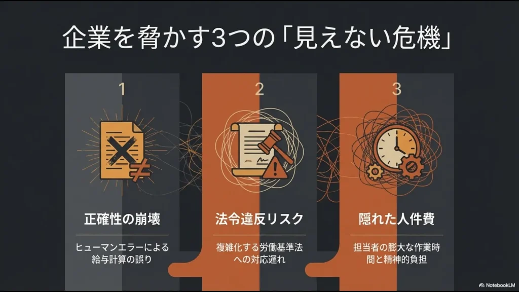 正確性の崩壊、法令違反リスク、隠れた人件費という、手作業による勤怠管理が企業にもたらす3つの「見えない危機」のまとめ