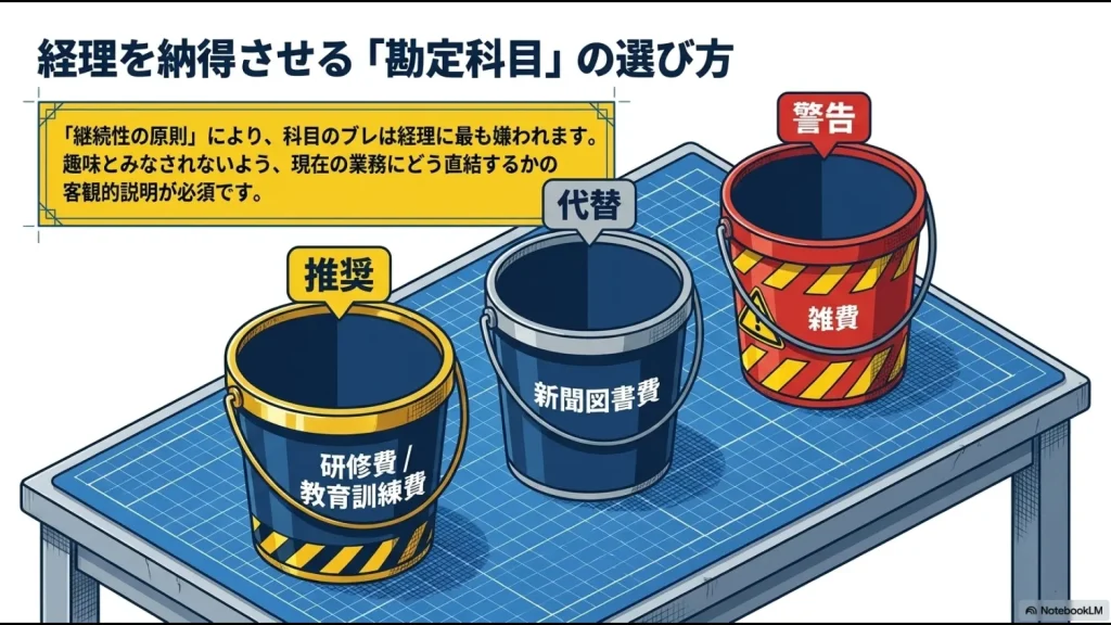 Udemy受講料に推奨される研修費、代替案の新聞図書費、不適切な雑費の比較図