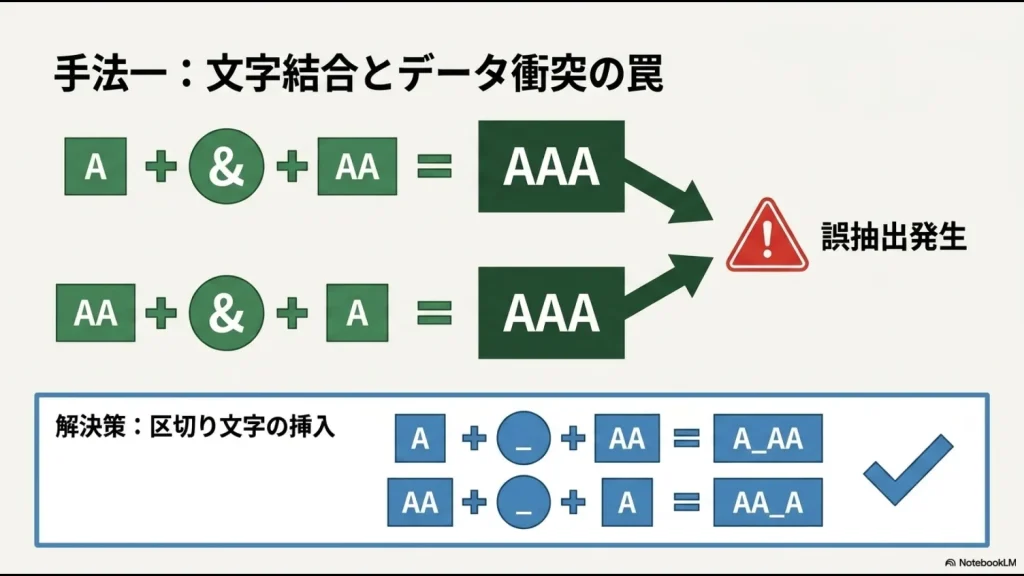 「A」と「AA」の結合が同じ「AAA」になるデータ衝突（誤抽出）の例と、アンダースコア等の区切り文字で防ぐ方法の図解