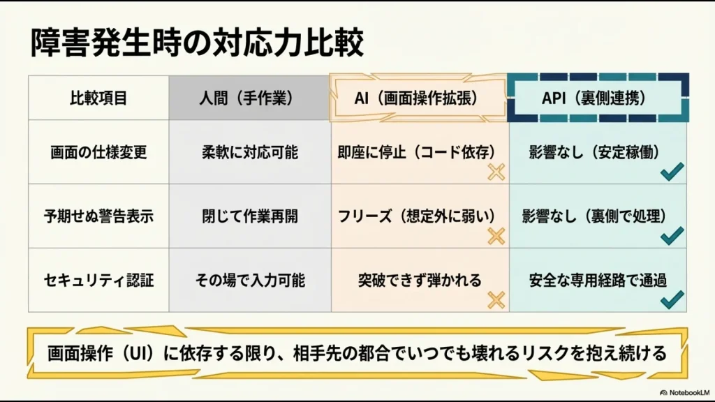 画面の仕様変更やセキュリティ認証に対し、人間・AI画面操作・API連携がそれぞれどのように反応するかをまとめた比較表