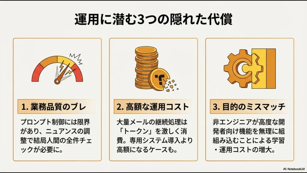 業務品質のブレ、高額なトークン消費、非エンジニアによる高度機能の無理な導入という3つのコストを示す図解