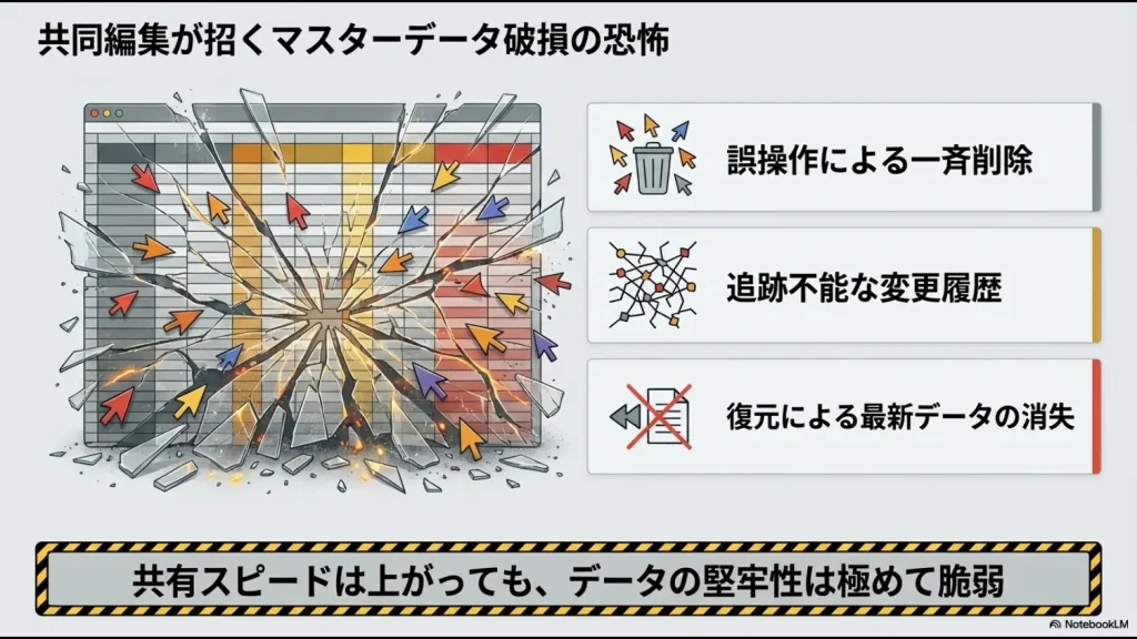 誤操作による一斉削除、追跡不能な変更履歴、復元によるデータ消失を示す注意喚起のイラスト