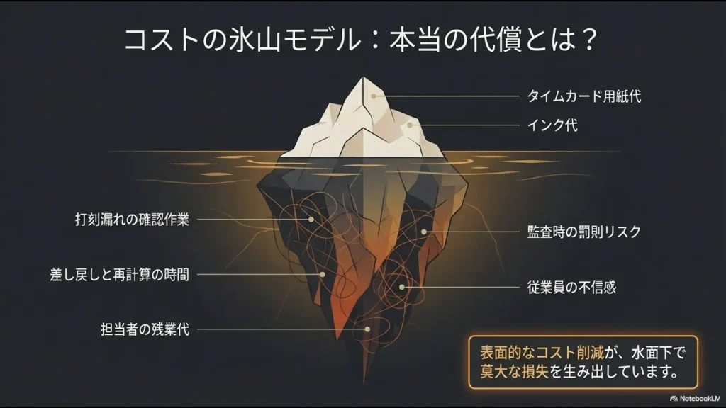 タイムカード用紙代などの表面的なコストの下に、打刻漏れ確認や罰則リスクといった莫大な損失が隠れていることを示す氷山モデルの図