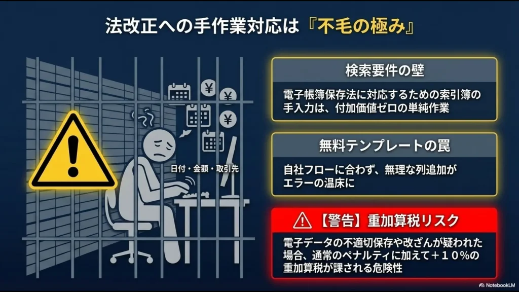 電子帳簿保存法の検索要件への手入力対応は付加価値ゼロであることと、重加算税リスクを警告するスライド