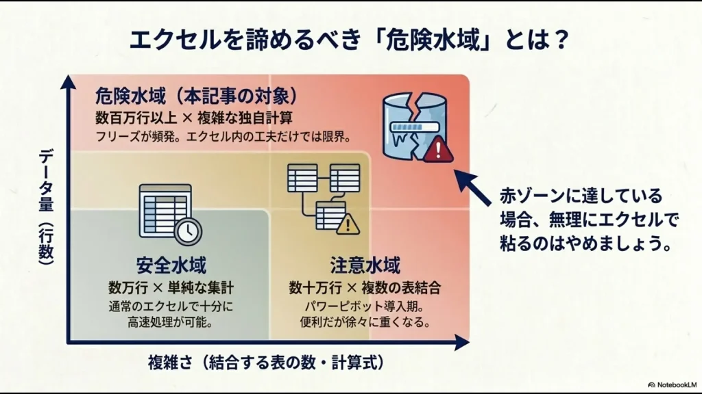 データ量と複雑さの相関図。数百万行は危険水域と表記
