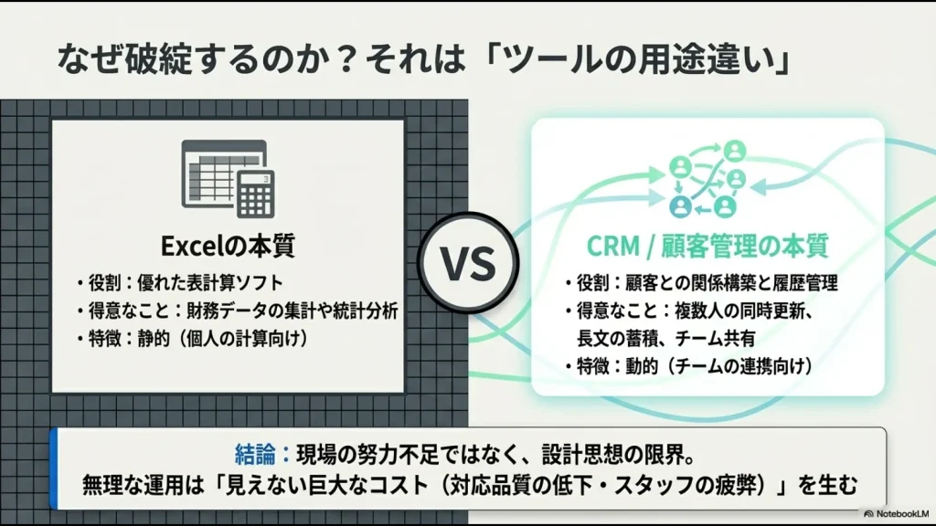 静的な集計を得意とするエクセルと、動的なチーム連携や履歴管理を得意とするCRM（顧客管理システム）の役割の違いを比較した図。