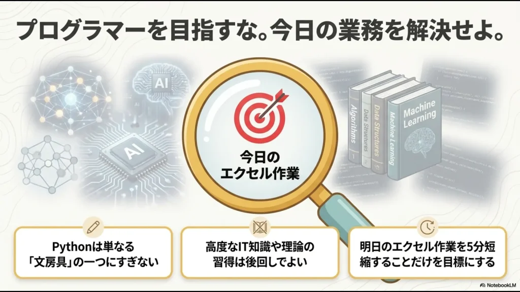 目的、時間、学習の始まり方の3点において、挫折する講座（AI開発・大作）と成功する講座（エクセル自動化特化・短時間完結）の違いをまとめた比較表。