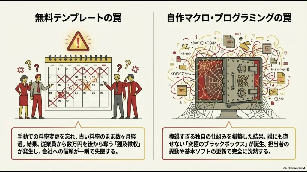社会保険料の無料エクセルテンプレートによる遡及徴収リスクと、自作マクロがブラックボックス化する問題の説明図