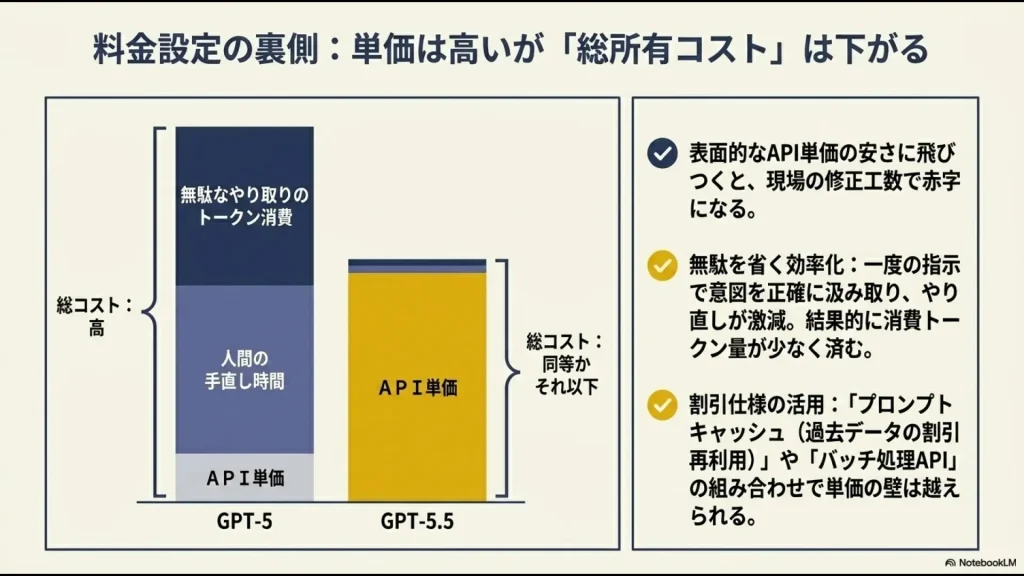 API単価は高いが、人間の手直し時間と無駄なトークン消費を抑えることで、総コストがGPT-5と同等以下になることを示す比較グラフ。
