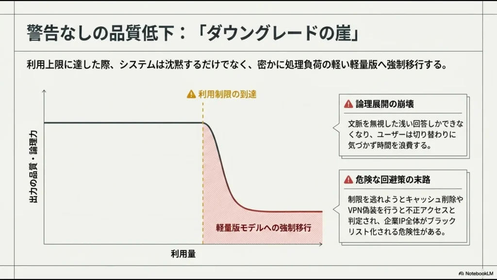 利用制限到達時に軽量版モデルへ強制移行し論理力が低下する様子と、キャッシュ削除等の不正アクセス判定リスクの解説