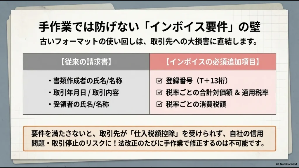従来の請求書とインボイス（適格請求書）の記載項目を比較し、登録番号や税率区分が必要であることを示す図