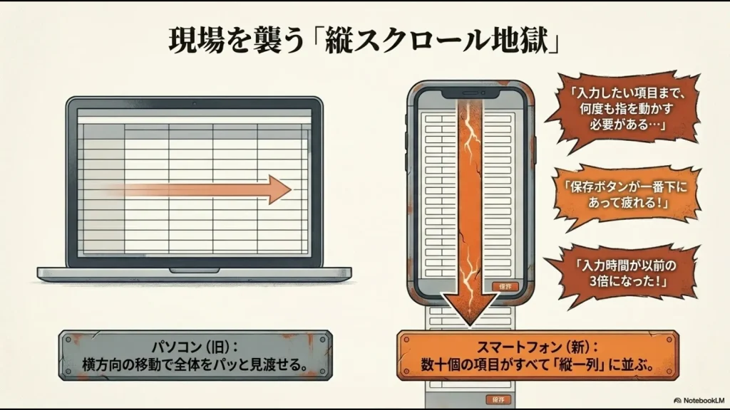 PCでは横方向で見渡せる表が、スマートフォンでは数十個の項目が縦一列に並び操作性が悪化する様子の比較図