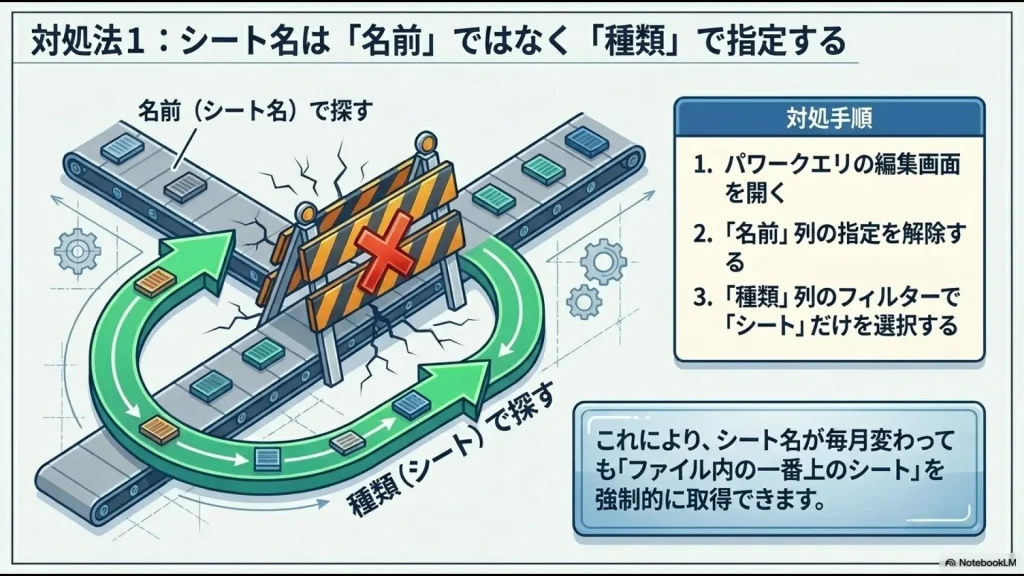 パワークエリでシート名ではなく「種類（Kind）」列を使ってシートを指定し、エラーを防ぐ設定手順の解説スライド