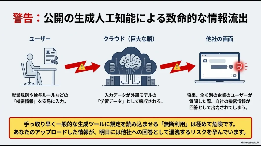 入力データが学習データとして吸収され、将来他社への回答として漏洩する仕組みの解説図