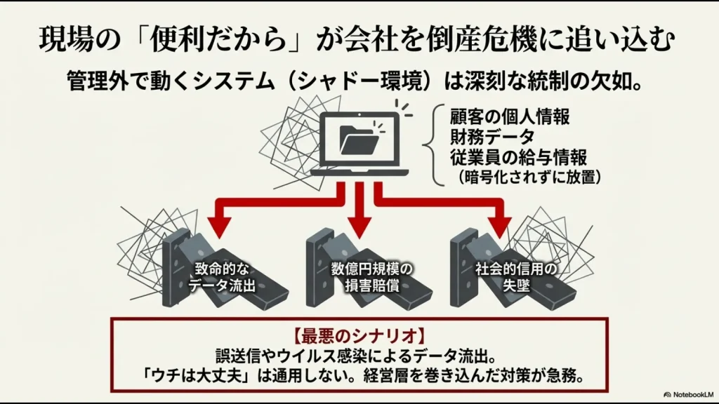 暗号化されずに放置されたマクロファイルから、個人情報や給与データが流出し、数億円規模の損害賠償や社会的信用の失墜を招く最悪のシナリオ。