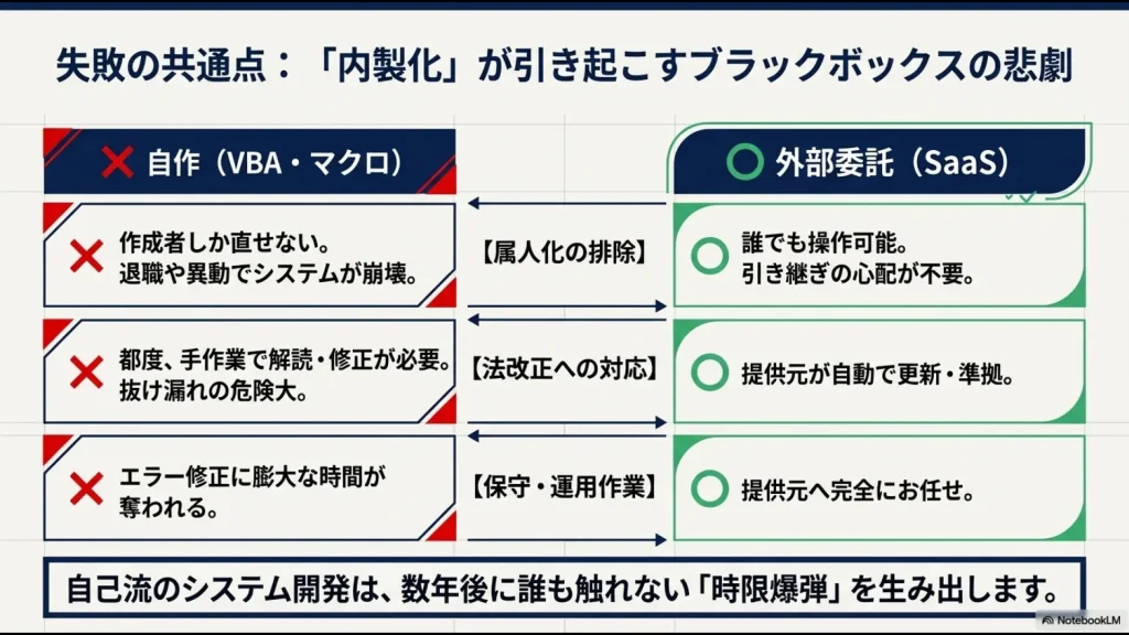 自作ツールは属人化し退職で崩壊するリスクがありますが、SaaSは誰でも操作可能で保守も不要。自己流開発が「時限爆弾」を生むリスクを比較しています。