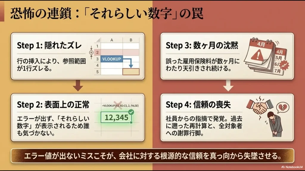 行挿入によりVLOOKUPの参照範囲が1行ズレ、エラーが出ないまま数ヶ月誤徴収が続いた失敗のフロー図