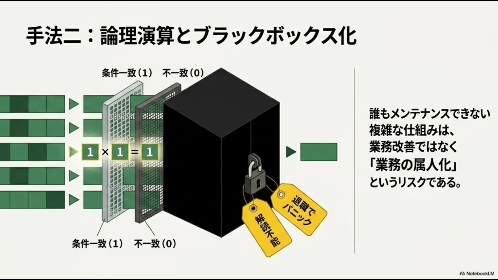 複雑な論理演算（1×1=1）によって数式が解読不能になり、作成者の退職で現場がパニックになる属人化リスクの警告スライド