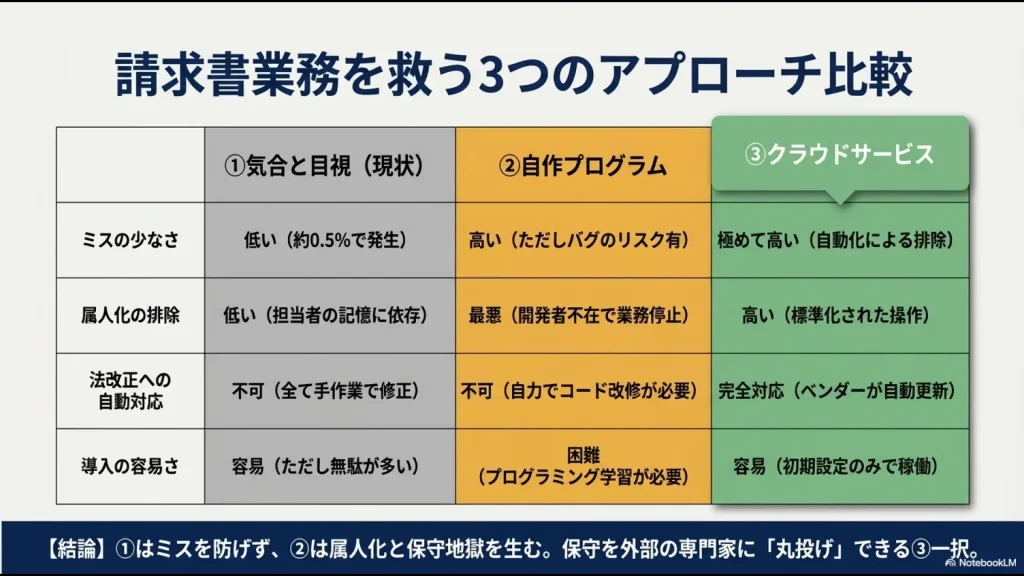散在するエクセルファイル（点の管理）から一元化されたデータベースへ移行し、請求データを自動生成することで手入力を排除する仕組みの解説図