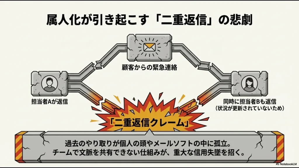 担当者間で状況が共有されないために、一人の顧客へ同時に返信してしまうトラブルの図解