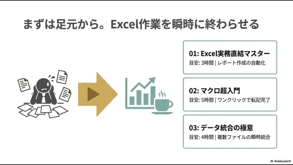 Excel実務マスターやマクロ入門など、作業時間を短縮するための具体的な講座紹介