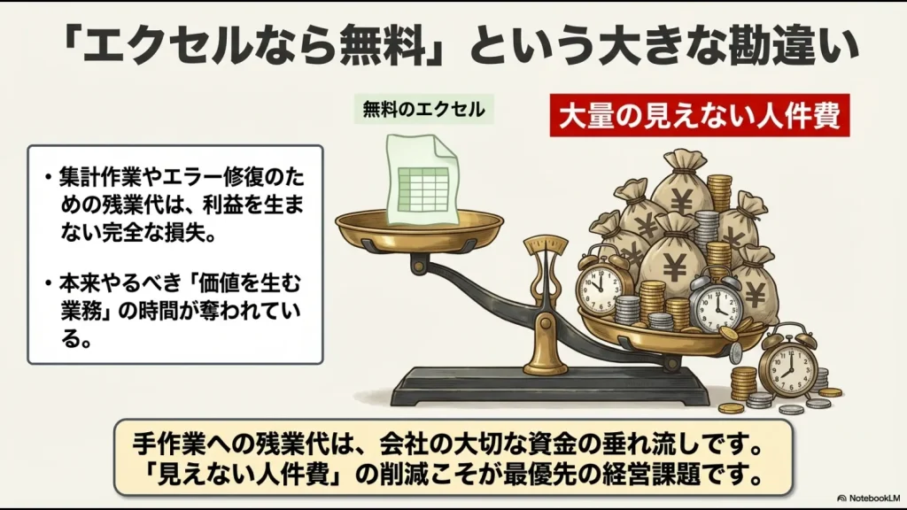 無料のエクセルと、その裏で発生している膨大な手作業の人件費（損失）を天秤にかけて比較したイラスト。