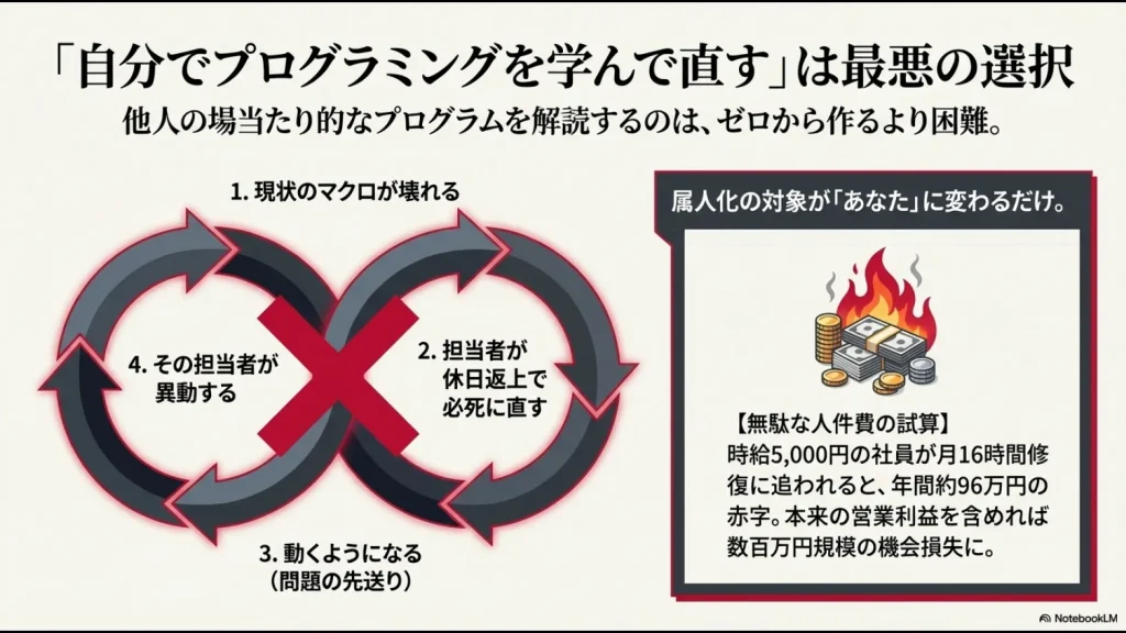 担当者が休日返上でマクロを直すことによる人件費（年約96万円）の無駄と、属人化が別の人に移るだけの負のループの試算。