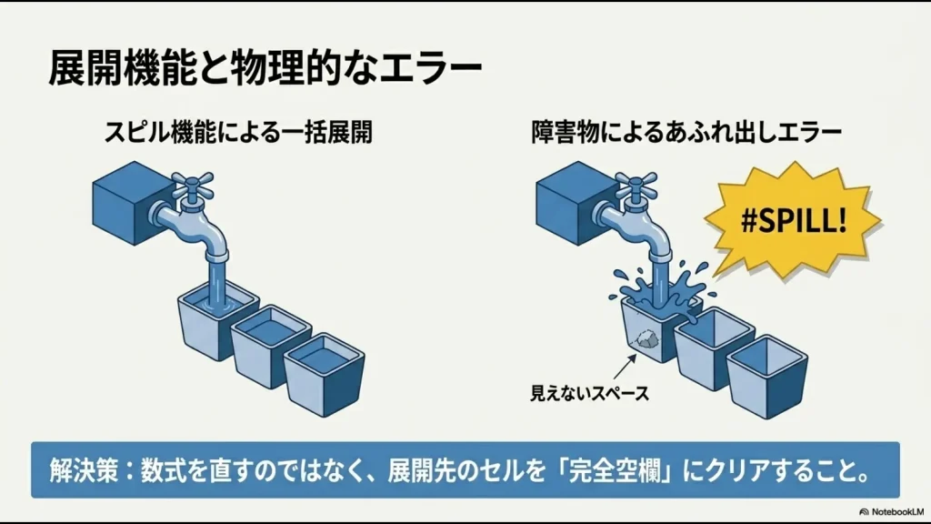 蛇口から水が流れるようにデータが展開されるスピル機能と、障害物（見えないスペース）による「あふれ出しエラー」の解決策を示した図解