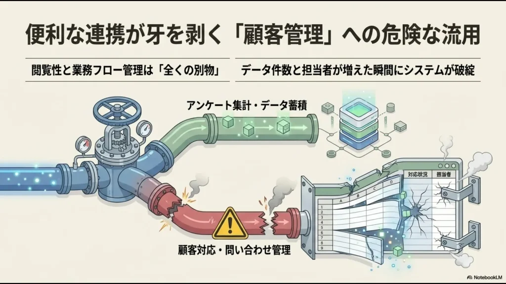 アンケート集計と顧客対応管理の境界線が崩れ、スプレッドシート運用が破綻する様子を示す概念図