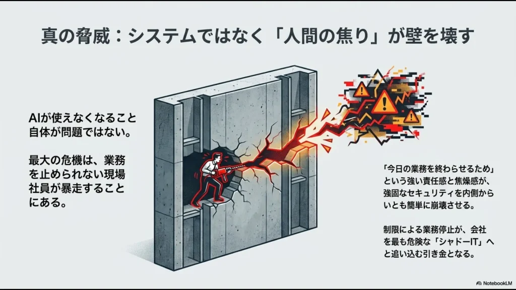 AIが使えない焦燥感から、社員が自らセキュリティを壊して個人用AIへ走る心理的プロセスの図解