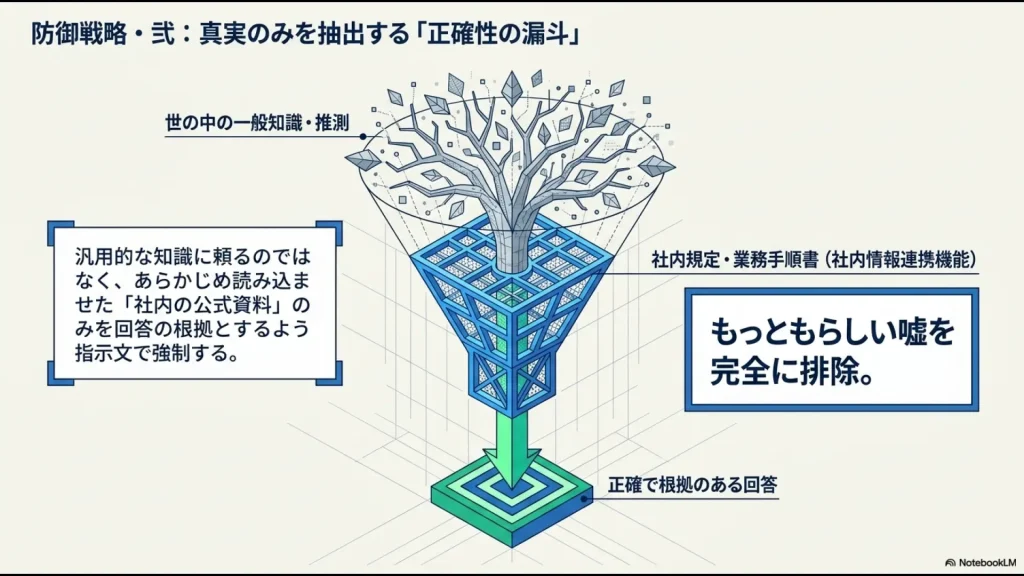 一般知識に頼らず、社内の公式資料のみを回答の根拠として嘘を排除する正確性の漏斗の仕組み