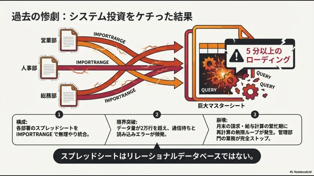 複数部署のシートを無理やり統合した結果、5分以上のローディングと再計算の無限ループを招いた過去の惨劇フロー
