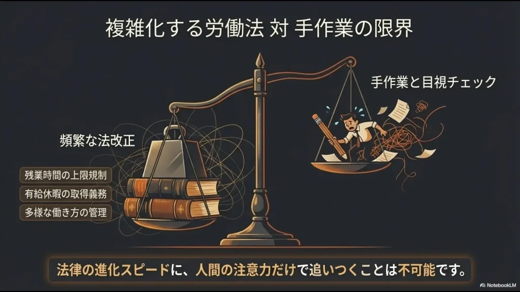 頻繁な法改正や残業上限規制などの複雑な要求に対し、手作業と目視チェックの注意力では追いつかないことを示す天秤のイラスト