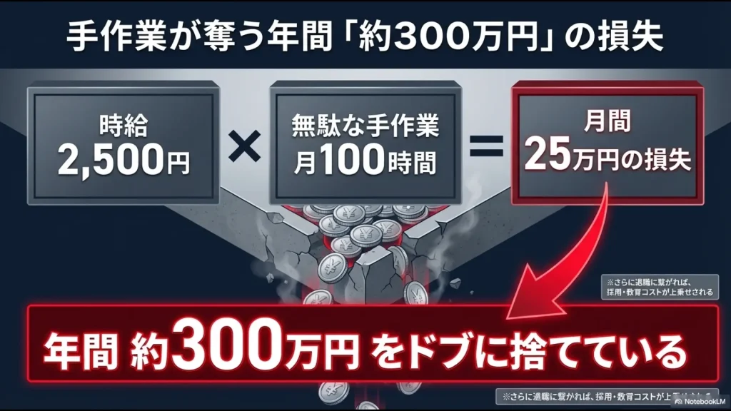 時給2,500円で月100時間の無駄な手作業が発生した場合、年間で約300万円の損失になることを示すグラフ