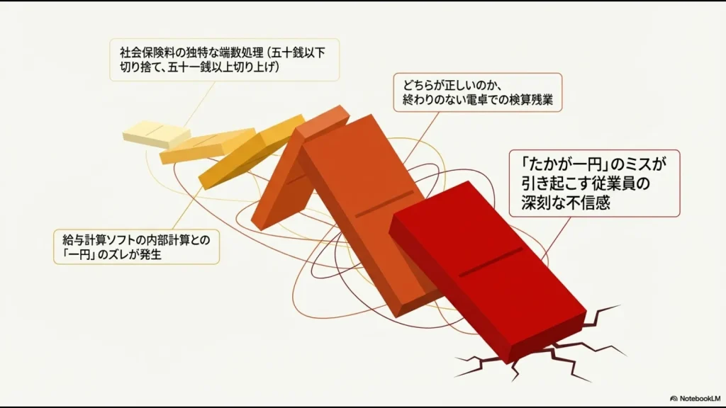 社会保険料の独特な端数処理による1円のズレが、検算残業や従業員への不信感に繋がる様子を示したドミノのイラスト