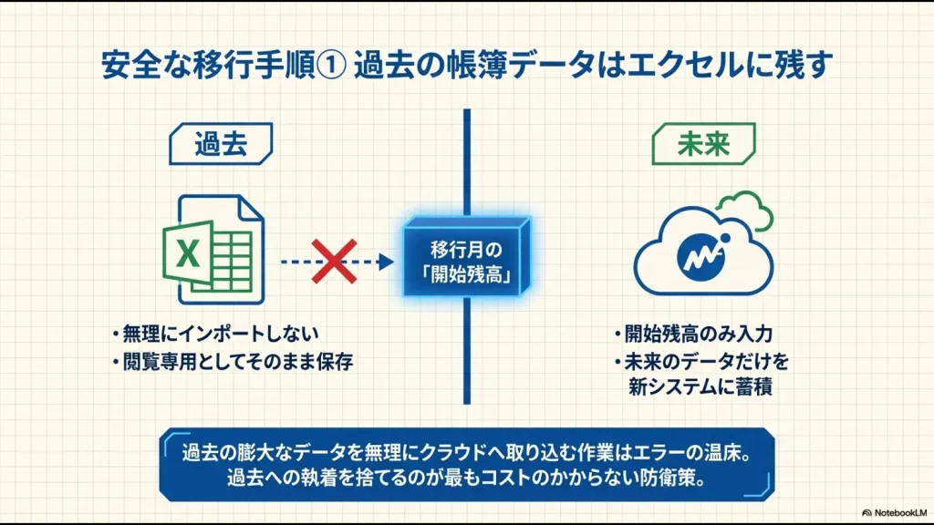過去のデータは閲覧専用として保存し、移行月の開始残高から新しいシステムにデータを蓄積する概念図