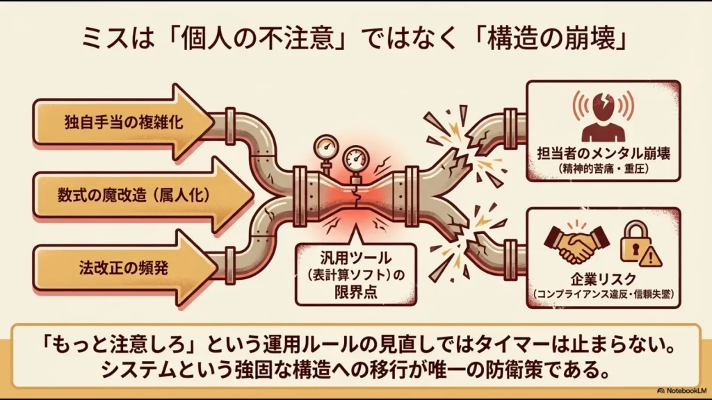 独自手当、数式の魔改造、法改正の頻発が重なり、担当者のメンタル崩壊と企業リスクを招く構造を示した図解