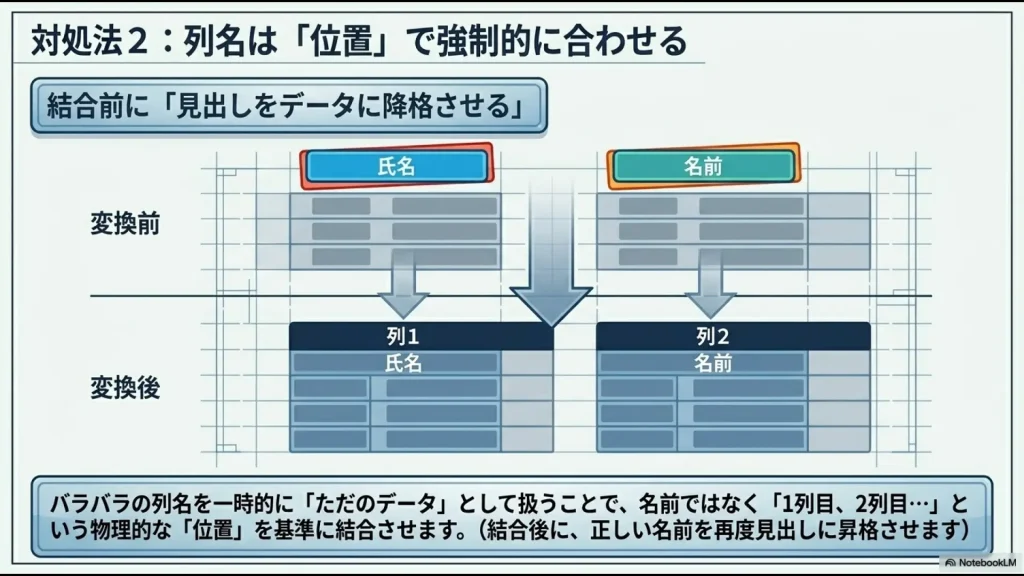 列名が違う場合に、一度見出しをデータに降格させて「位置」基準で結合するテクニックの図解