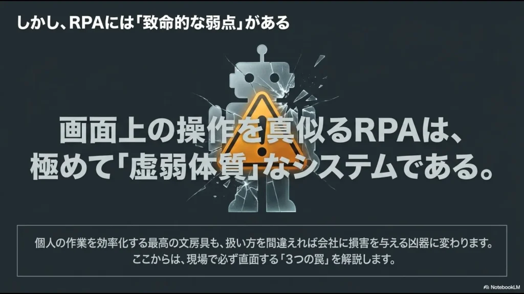 画面操作を模倣するRPAの構造的な脆弱性と、不適切な運用が会社に損害を与えるリスクについての警告