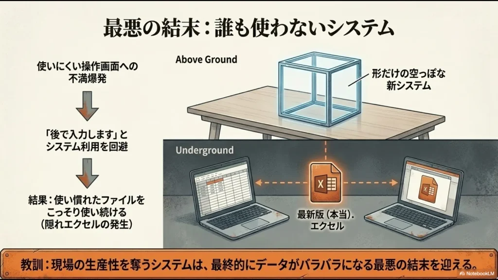 使いにくい新システムが放置され、現場がこっそり旧エクセルを使い続けるシャドーIT（隠れエクセル）の図解