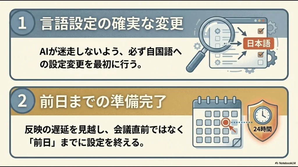 反映遅延を見越して前日までに設定を終えること 、およびAIが迷走しないよう自国語（日本語）への設定変更を最初に行うこと  を示すチェックリスト