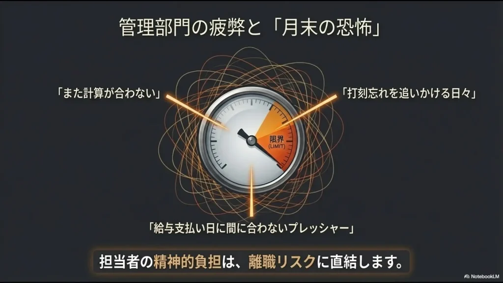 計算ミスや締め切りプレッシャー、打刻忘れの確認により、管理部門の精神的負担が限界（LIMIT）に達していることを示すメーターの画像